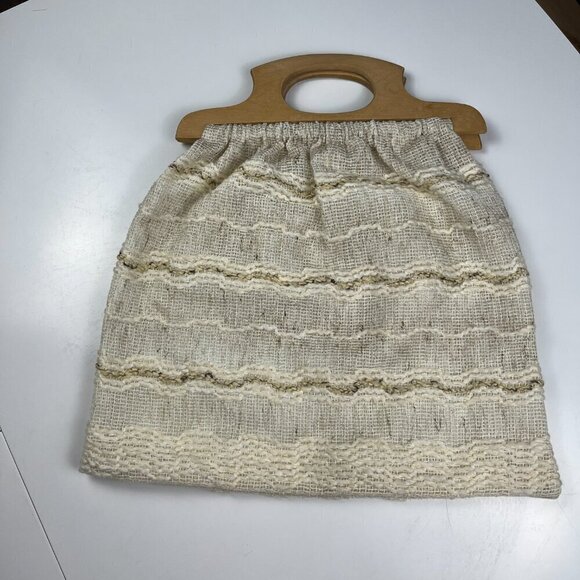 Vintage knitting bag woven woods handle handmade handbag medium size - Picture 2 of 6